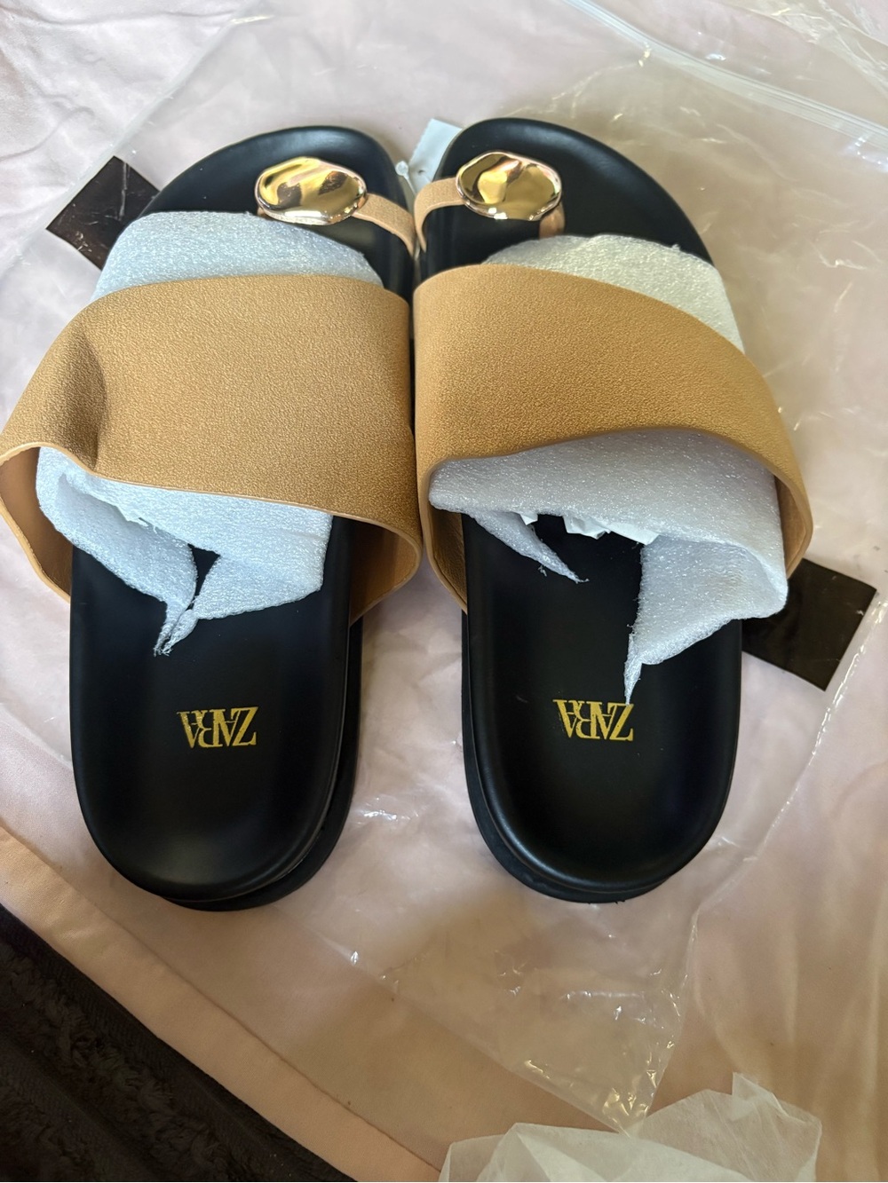 Zara Tan Slide Sandals with Gold Accent and Black Footbed